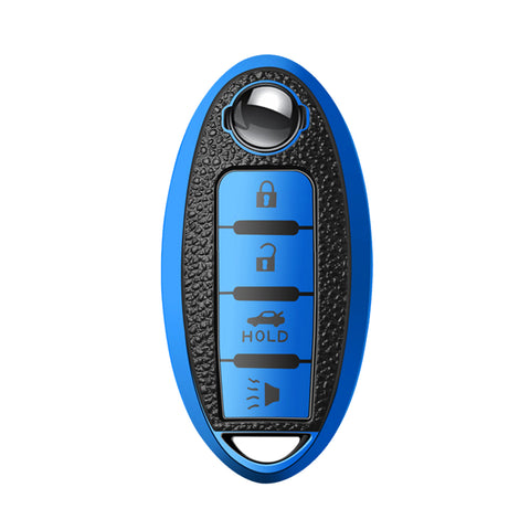 4 Buttons Remote Key Fob Shell TPU & Leather Full Protect Holder w/Keychain Blue For Nissan