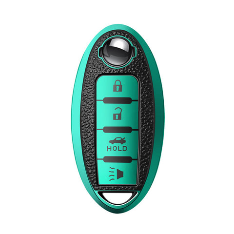 4 Buttons Remote Key Fob Shell TPU & Leather Full Protect Holder w/Keychain Green For Nissan