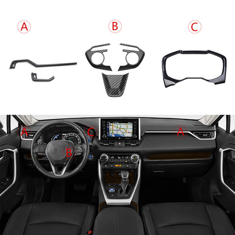 Set Carbon Fiber Style Interior Dashboard Instrument Side Air Vent Frame Steering Wheel Accessories Cover Trim Combo Kit, Compatible with Toyota Rav4 2019-2024