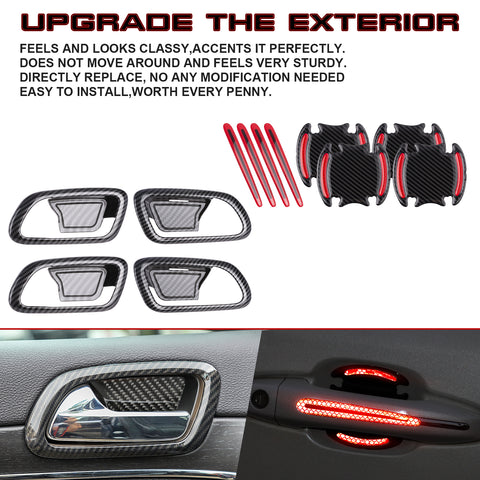 Inner + Exterior Red Door Handle Bowl Cover Trim For Jeep Grand Cherokee 2011-19