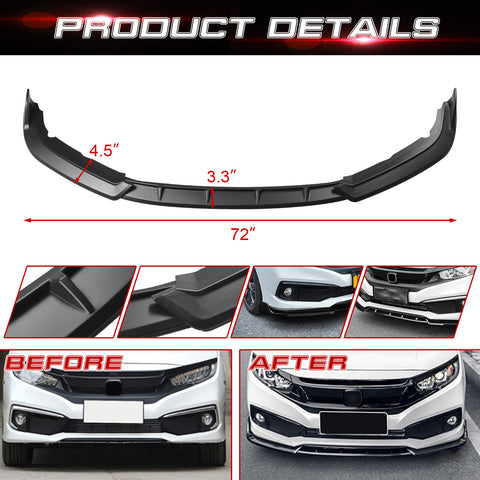 Front Bumper Lip Chin Spoiler Diffuser Splitter Guard Body Kit, Matte Black, Compatible with Honda Civic Sedan 2019-2021