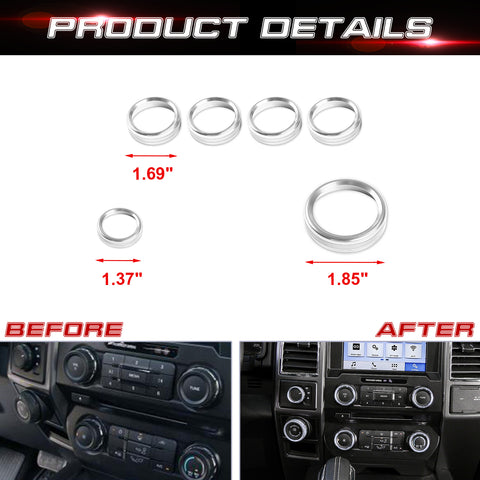 6pcs Centre Console AC Climate Control/Radio Volume Tune Switch Knob Surrounding Ring Decoration Covers Compatible with Ford F150 XLT 2016-2020 (Silver)