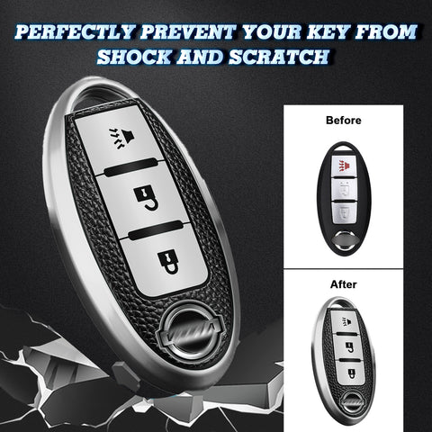 3 Button Silver TPU Key Fob Cover Case Holder Protect w/ Keychain For Nissan Rogue Pathfinder