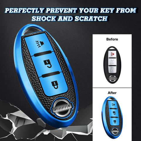 3 Button Blue TPU Key Fob Cover Case Holder Protect w/ Keychain For Nissan Rogue Pathfinder