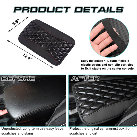 Xotic Tech Center Console Armrest Seat Box Cover Pad, Leather Cushion w/Flexible Elastic Band, Universal Accessories for Most Cars, SUV, Truck (Black 12.60"x7.48")