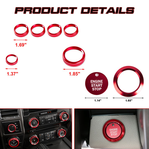 Red AC Radio Switch Knob Start Stop Button Ring Trim For Ford F150 XLT 2016-2020