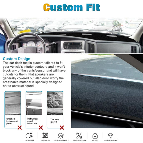 Center Console Dashboard Mat Pre-cut Non-Slip Sunshield Sun Glare Protector Dash Carpet Pad Black Cover Compatible with Dodge Ram 1500 2500 3500 2002-2005