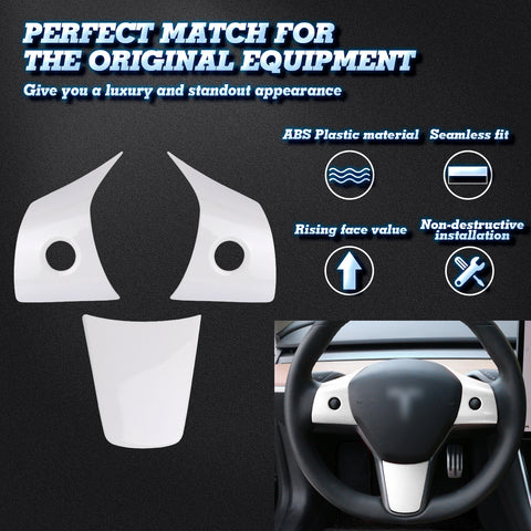 White Interior Steering Wheel Cover Trim Kit For Tesla Model 3 2017-2023 & Model Y 2020-up