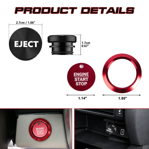 Red Alloy Engine Start + Black Cigarette Lighter Eject Button Trim For Ford F150