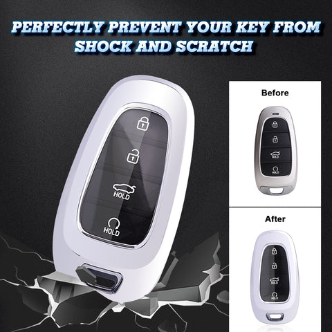 Xotic Tech Silver TPU Key Fob Shell Full Cover Case w/ Keychain, Compatible with Hyundai Sonata Tucson Santa Fe Smart Keyless Entry Key