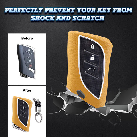Yellow TPU w/Leather Style Full Protect Remote Key Fob Cover w/Keychain For Lexus ES 350 18+