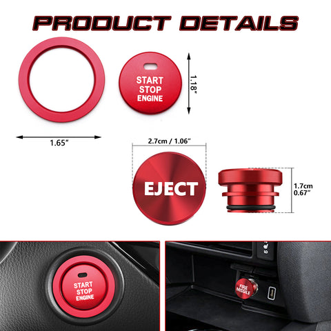 Red Aluminum Engine Start + Cigarette Lighter Eject Button Trim For Toyota Camry