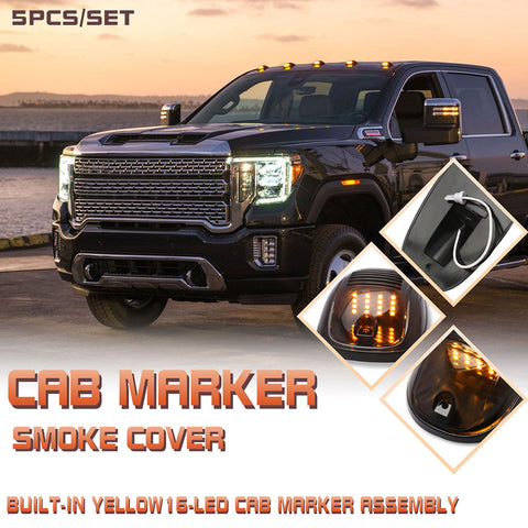 Smoked Lens Amber 16-SMD LED Cab Roof Marker Light Assembly Kit Rooftop Driving Lamp For Dodge RAM 1500 2500 3500 Chevy Silverado GMC Sierra Toyota Pickup Truck etc