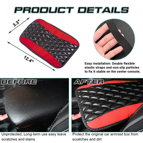 Center Console Armrest Seat Box Cover Pad, Leather Cushion w/Flexible Elastic Band, Universal Accessories for Most Cars, SUV, Truck (Black & Red 12.60"x7.48")