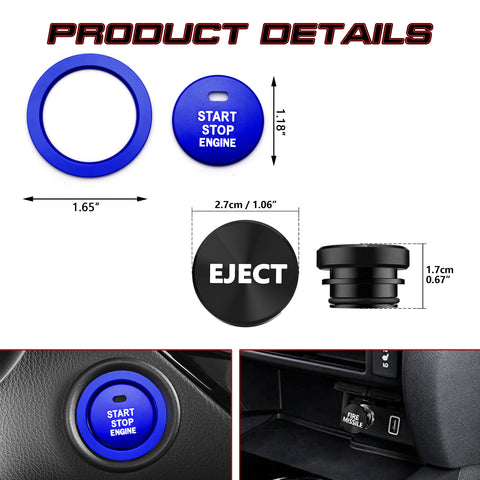 Blue Alloy Engine Start + Black Cigarette Lighter Eject Button Cover For Toyota