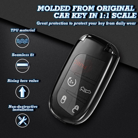 Glossy Black TPU Smart Key Remote Keyless FOB Shell Case W/ Keychain For Jeep Dodge Chrysler