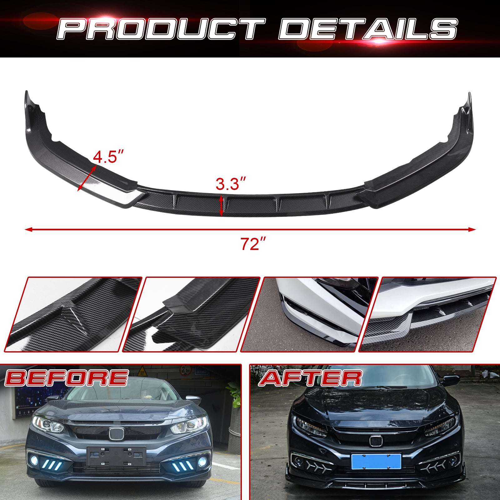 Splitter Guard Front Bumper Lip Chin Spoiler Diffuser Splitter Guard Body Kit, Carbon ...