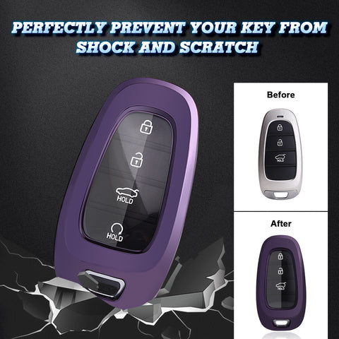 Xotic Tech Purple TPU Key Fob Shell Full Cover Case w/ Keychain, Compatible with Hyundai Sonata Tucson Santa Fe Smart Keyless Entry Key