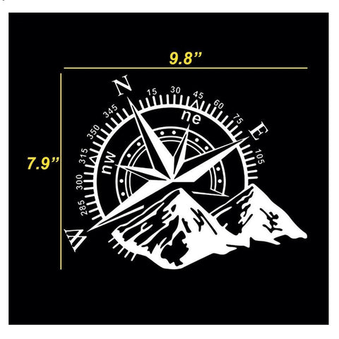 Car Home Decor - Compass Rose with Mountains Vinyl Decal Sticker for Car Trunk Door Window Hood, Shop Window, White