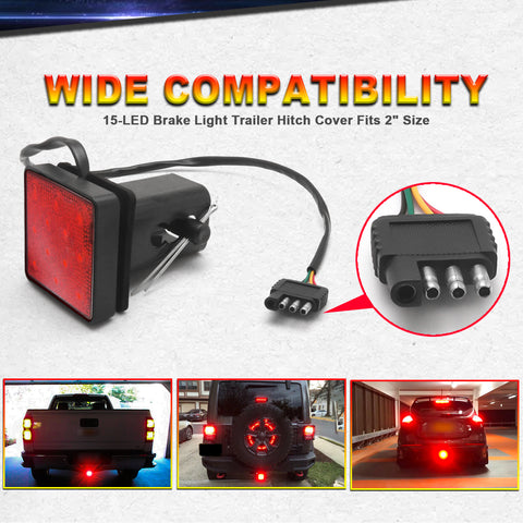 15-LED Red Lens Tow Hitch Receiver Brake Tail Light w/ Adapter For Truck 2"