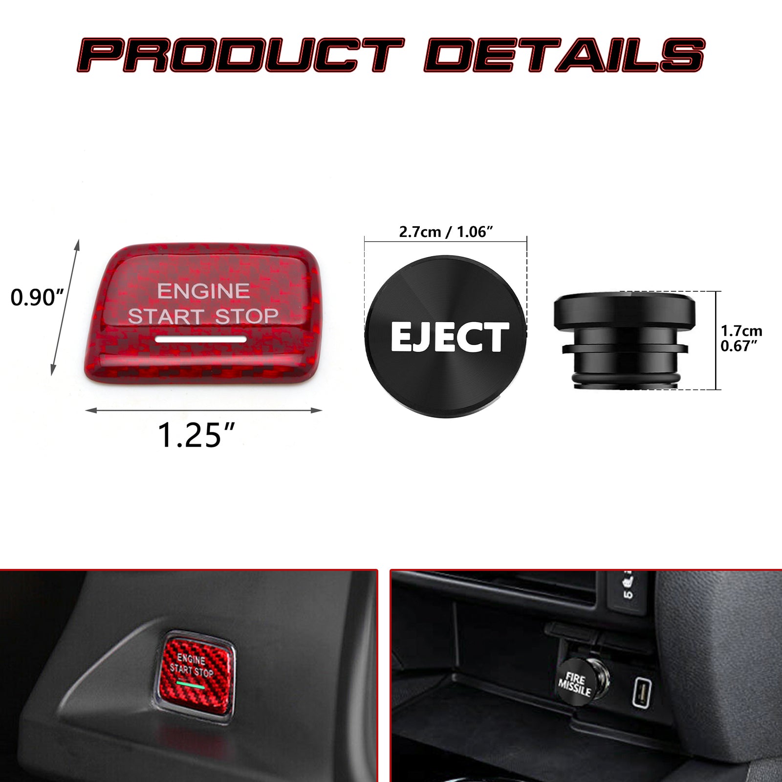 Red Carbon Fiber Engine Start + Black Cigarette Eject Button Trim For ...