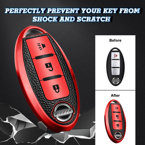 3 Button Red TPU Key Fob Cover Case Holder Protect w/ Keychain For Nissan Rogue Pathfinder