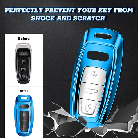 Xotic Tech Blue TPU Key Fob Shell Full Cover Case w/ Blue Keychain, Compatible with Audi A6 C6 C5 A3 A4 B6 B7 B9 B8 A5 A2 Q5L Q3 A1 S3 A4L Q7 A5 A7 A8 Q5 R8 TT S5 S6 S7 S8 Smart Keyless Entry Key