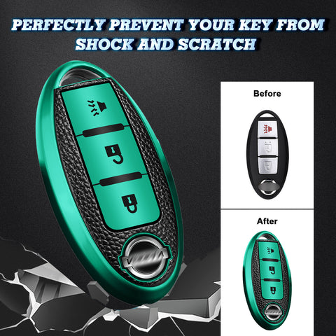 3 Button Green TPU Key Fob Cover Case Holder Protect w/ Keychain For Nissan Rogue Pathfinder