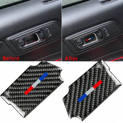 Real Carbon Fiber 3-Color Bar Door Handle Bowl Cover For Ford Mustang 2015-up