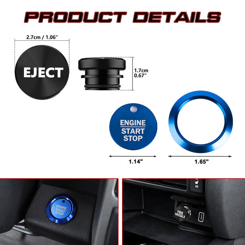 Blue Aluminum Engine Start + Black Cigarette Lighter Eject Button Trim For Ford