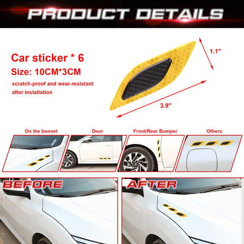 6x Yellow Carbon Fiber Pattern 3D PVC Night Reflect Car Vent Edge Bumper Decal