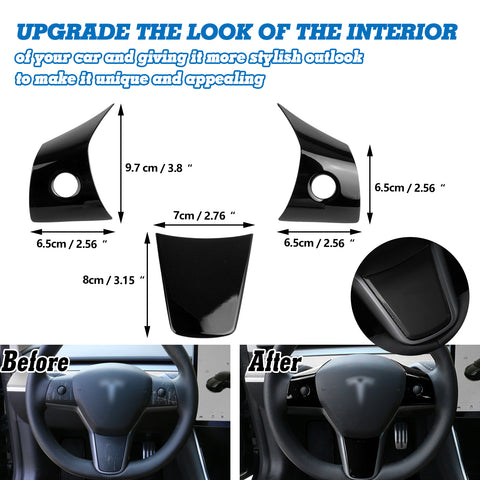 Gloss Black Steering Wheel Molding Cover Kit For Tesla Model 3 2017-2023 & Model Y 2020-up