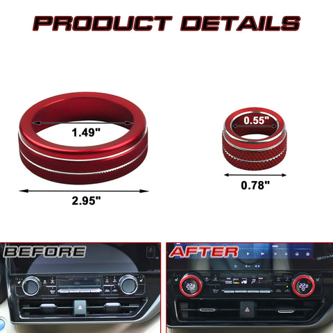 Red AC Climate Knob + Rear Mirror Knob Ring Cover For Toyota Highlander 2020-22