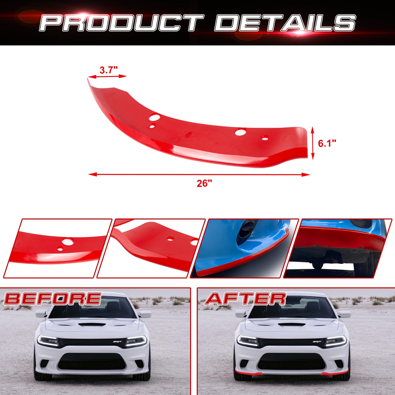 1.3-Inch Rubber Flex Bumper Lip Splitter For Dodge - Easy Fit Chin Spoiler Protector