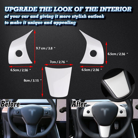 White Interior Steering Wheel Cover Trim Kit For Tesla Model 3 2017-2023 & Model Y 2020-up