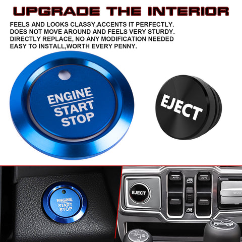 Blue Aluminum Engine Start + Black Cigarette Lighter Eject Button Trim For Ford