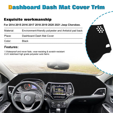 Center Console Dashboard Mat Pre-Cut Non-Slip Sunshield Sun Glare Protector Dash Carpet Pad Black Cover Compatible with Jeep Cherokee 2014-2021