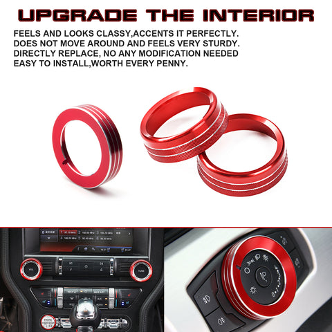 Sporty Red Radio Volume Headlight Switch Button Knob Ring Trim For Ford Mustang