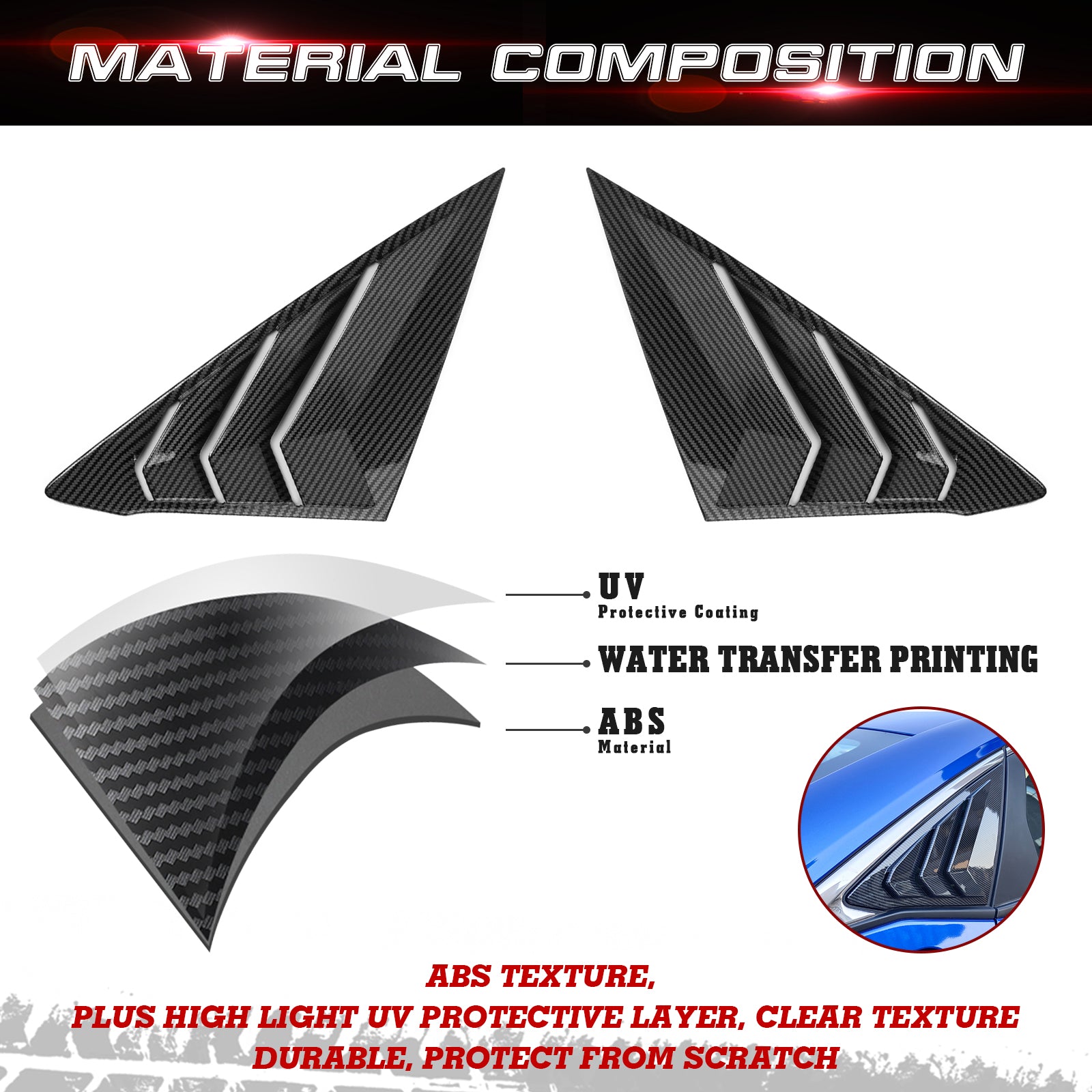 Carbon Fiber Rear Window Quarter Louver Cover Trim For Honda Accord 2013-2017