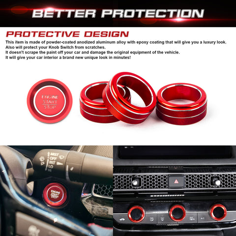 Centre Console AC Climate Control Knob Surrounding Ring + Engine Start/Stop Push Button Covers Decoration Combo Kit Compatible with Honda Civic 11th Gen 2022 (Red)