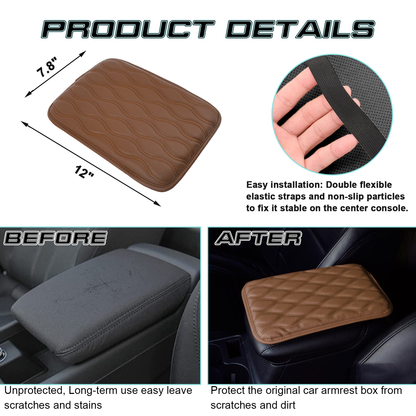 Red Car Armrest Cushion Cover - Universal PU Leather Console Protector Mat (32cm)