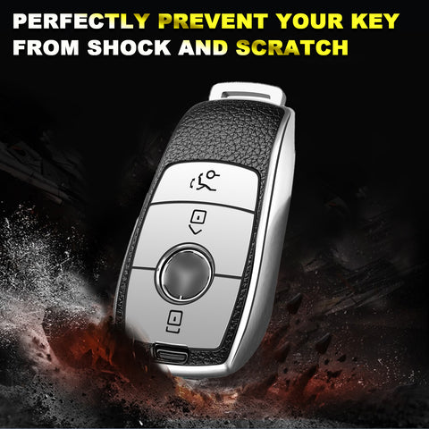 Silver TPU Leather 3 Button Remote Key Fob w/Keychain For Mercedes-Benz E S-Class 2017 2018 up