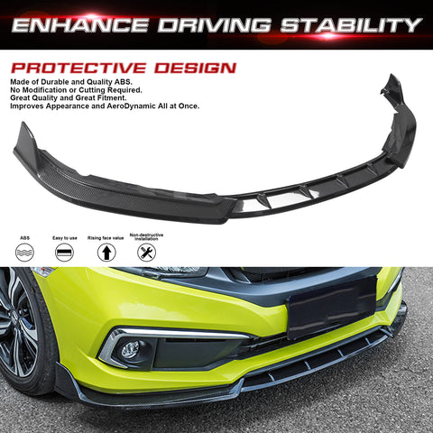 Front Bumper Lip Chin Spoiler Diffuser Splitter Guard Body Kit, Carbon Fiber Pattern, Compatible with Honda Civic Sedan 2019-2021