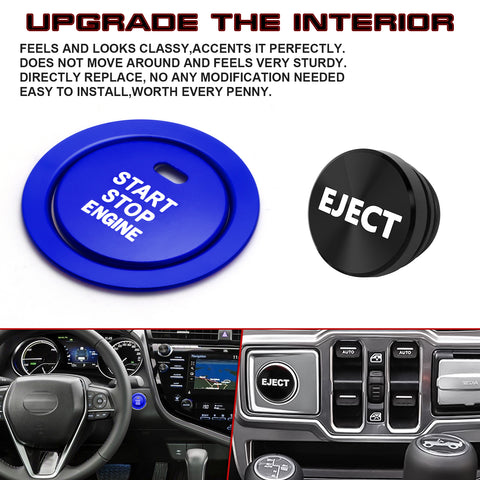 Blue Alloy Engine Start + Black Cigarette Lighter Eject Button Cover For Toyota