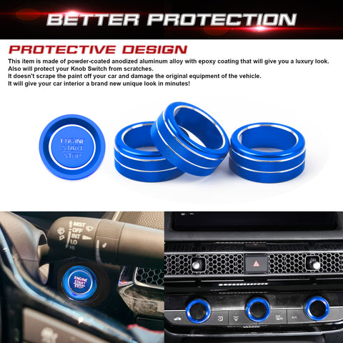 Centre Console AC Climate Control Knob Surrounding Ring + Engine Start/Stop Push Button Covers Decoration Combo Kit Compatible with Honda Civic 11th Gen 2022 (Blue)