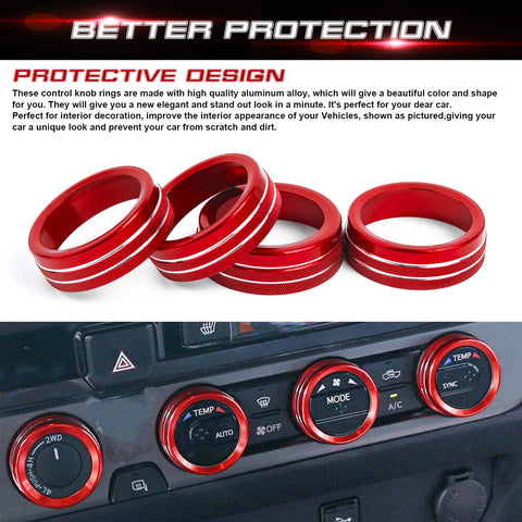 Red AC & 2WD/4WD Switch Control Knob Rings Cover For Toyota Tacoma 2016-2023