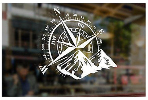 Car Home Decor - Compass Rose with Mountains Vinyl Decal Sticker for Car Trunk Door Window Hood, Shop Window, White