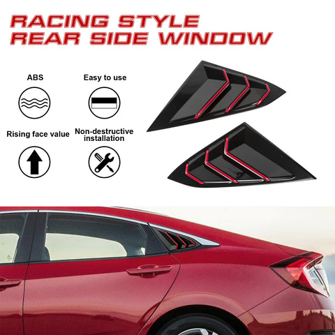 Side Air Vent Window Louver Glossy Black w/Red ABS Cover For Honda Civic 2016-21