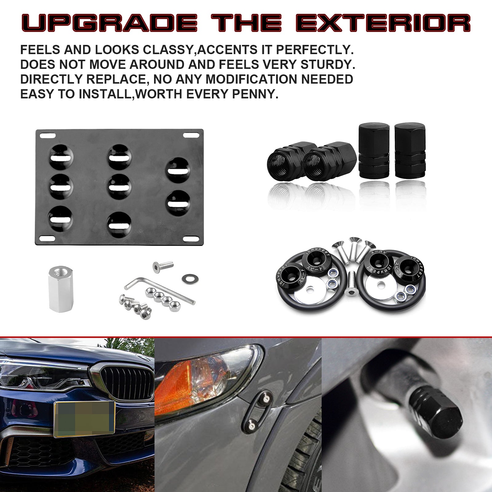 Set Tow Hook License Plate + Air Valve Cap + Release Fastener For BMW