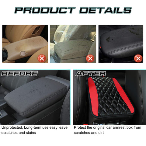 Center Console Armrest Seat Box Cover Pad, Leather Cushion w/Flexible Elastic Band, Universal Accessories for Most Cars, SUV, Truck (Black & Red 12.60"x7.48")